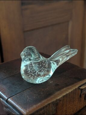 Vintage Art Glass Bird Figurine Paperweight Clear Hand Blown Bubbles 3" by 4 3/4